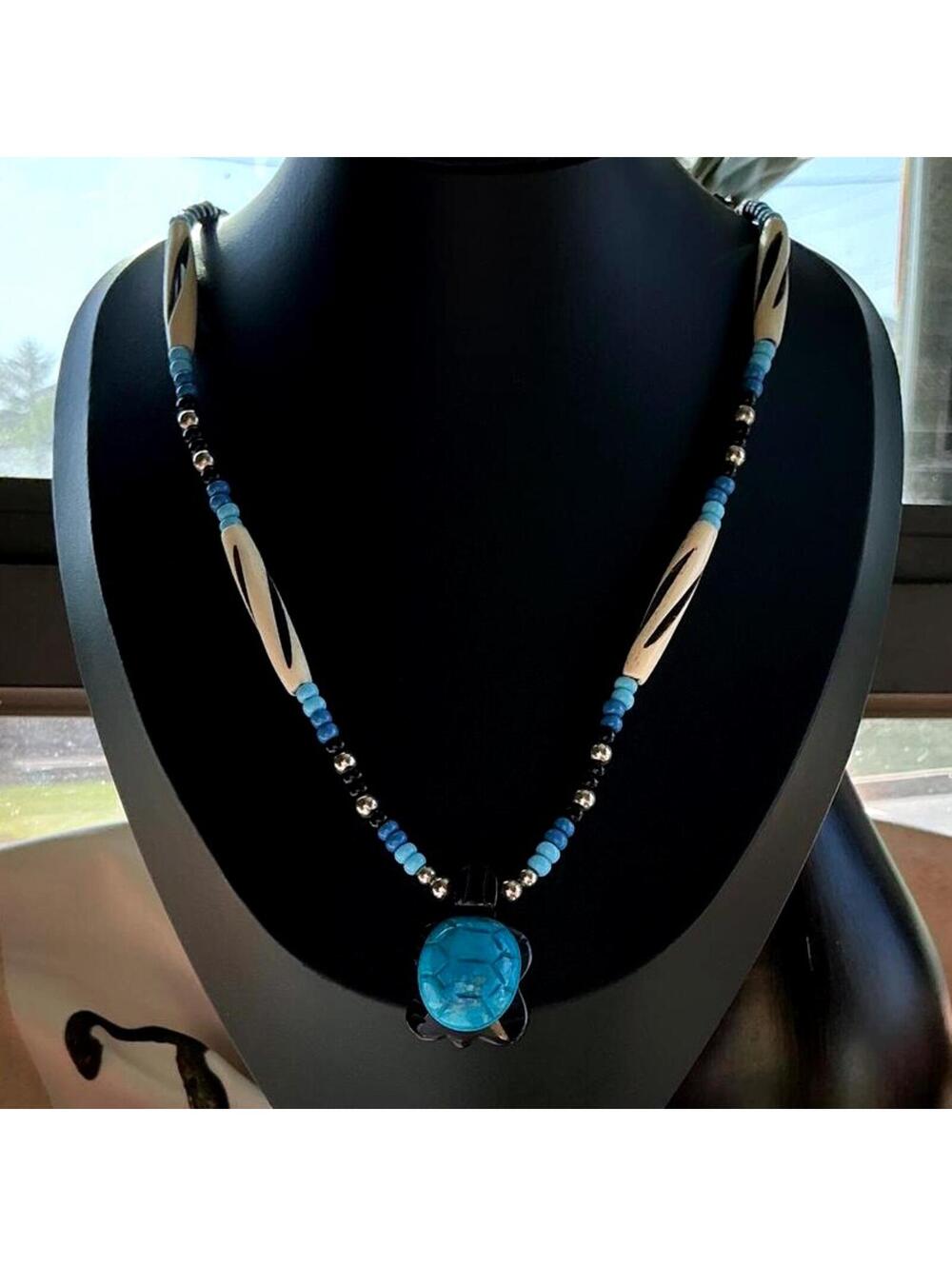Turquoise Onyx Turtle Pendant and Carved Bone Hairpipe Beads Necklace